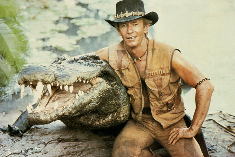 Burt the crocodile with the actor who played Crocodile Dundee
