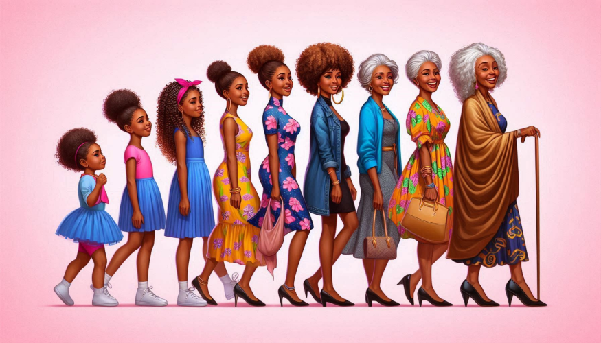 AI generated pic of a group of woman ranging in age from little girl to older woman with a cane standing in line.
