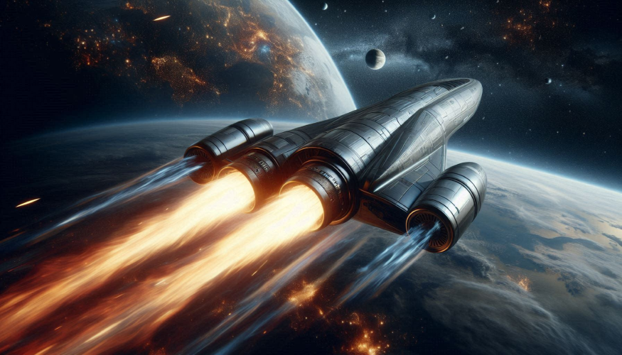 A rocket ship escaping a planets gravity.