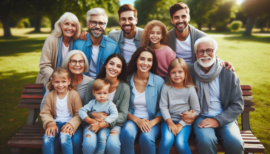 AN AI generated image of a group of various people posing for the camera in a park setting.